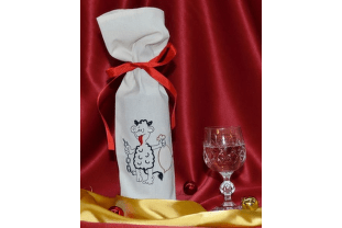 Vyšívaný mikulášský látkový pytlík na víno - motiv čert