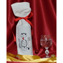 Vyšívaný mikulášský látkový pytlík na víno - motiv čert