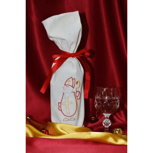 Vyšívaný mikulášský látkový pytlík na víno - motiv mikuláš