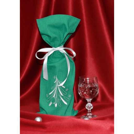 Vyšívaný vánoční látkový pytlík na víno - motiv stromeček