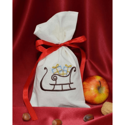 Vyšívaný vánoční látkový pytlík malý 16x25 - motiv saně