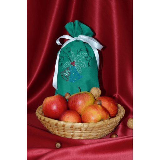 Vyšívaný vánoční látkový pytlík střední 20x35 cm - motiv zvonky s lístečky