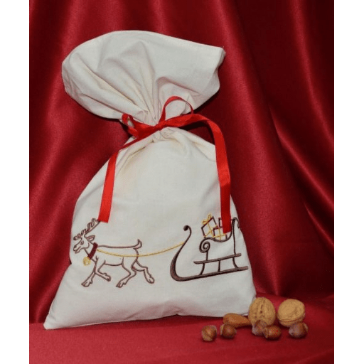 Vyšívaný vánoční látkový pytlík velký 28x45 cm - motiv sob  a saně